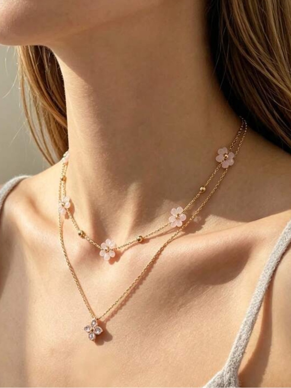 New  Gentle Style Pink Floral Layered Necklace Set Pink Floral